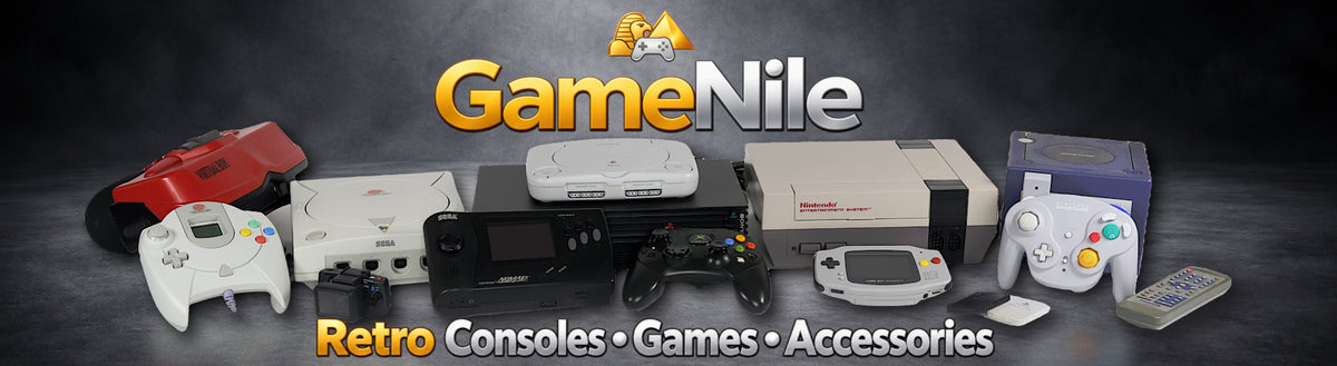 GameNile Desktop Hero Banner. Retro Consoles, Games, and accessories. Console lineup in photo includes Virtual Boy, Dreamcast, Sega Nomad, Ps One, PlayStation 2, Nintendo NES, GameCube, plus other misc. gaming items.
