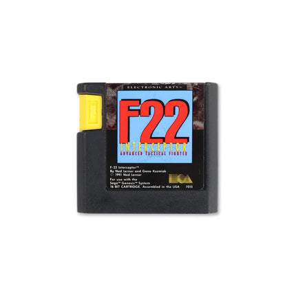 F-22 Interceptor for Sega Genesis - Cartridge front with label - Game only.