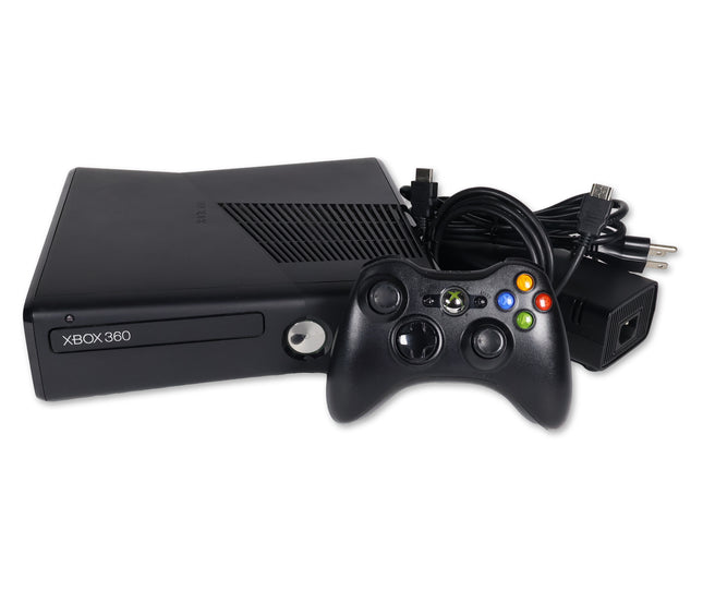 Xbox 360 S Slim Matte Black console with controller and cable hookups