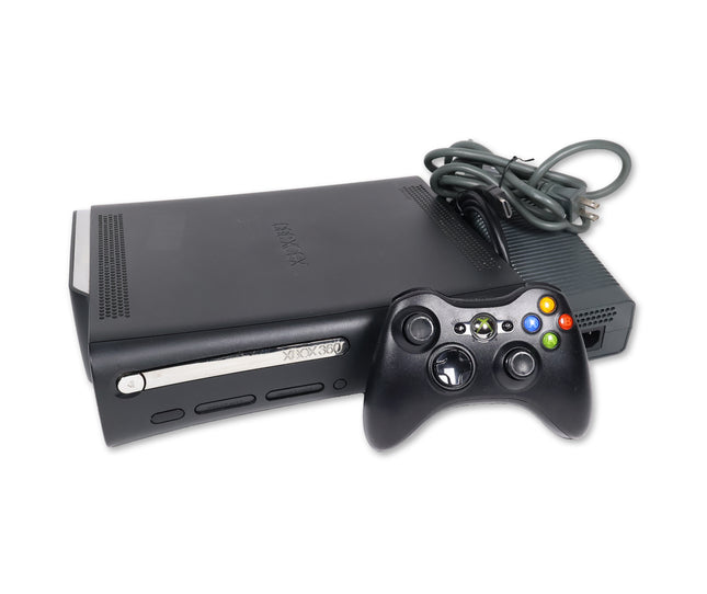 Xbox 360 Black console with controller and cable hookups