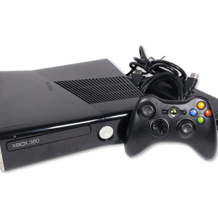 Xbox 360 S Slim Glossy Black console with controller and cable hookups