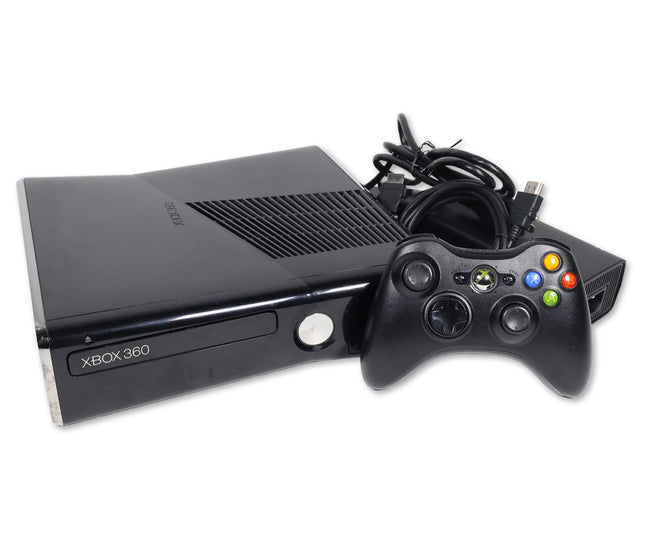 Xbox 360 S Slim Glossy Black console with controller and cable hookups