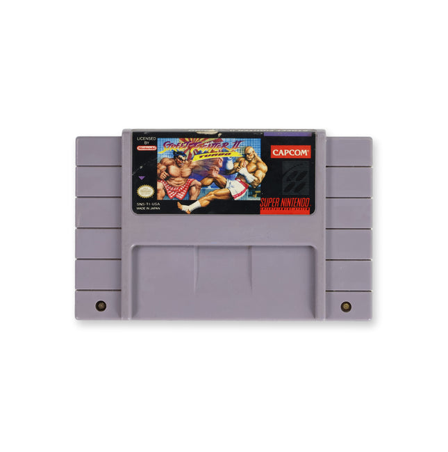 Street Fighter II Turbo Super Nintendo game cartridge front in good condition.