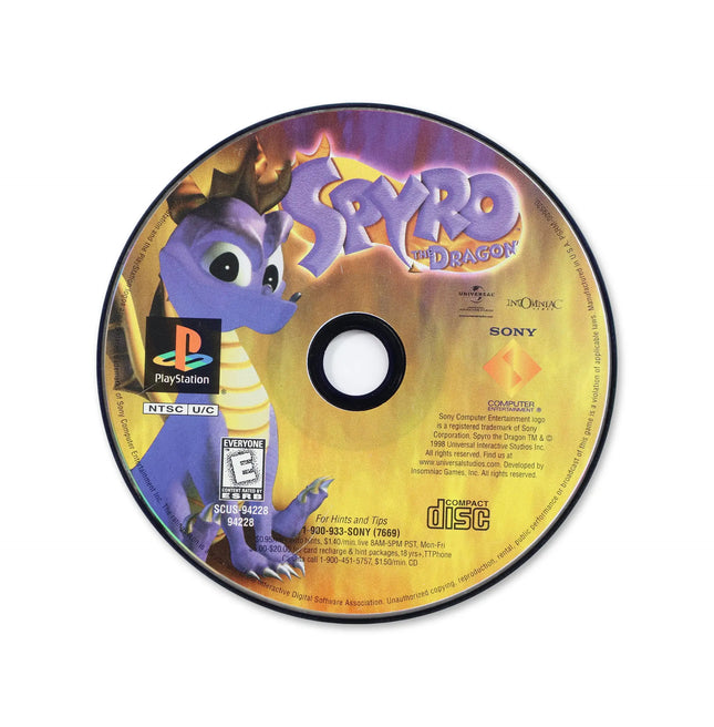 Spyro the Dragon for Sony PlayStation - Disc front with label - Game only.