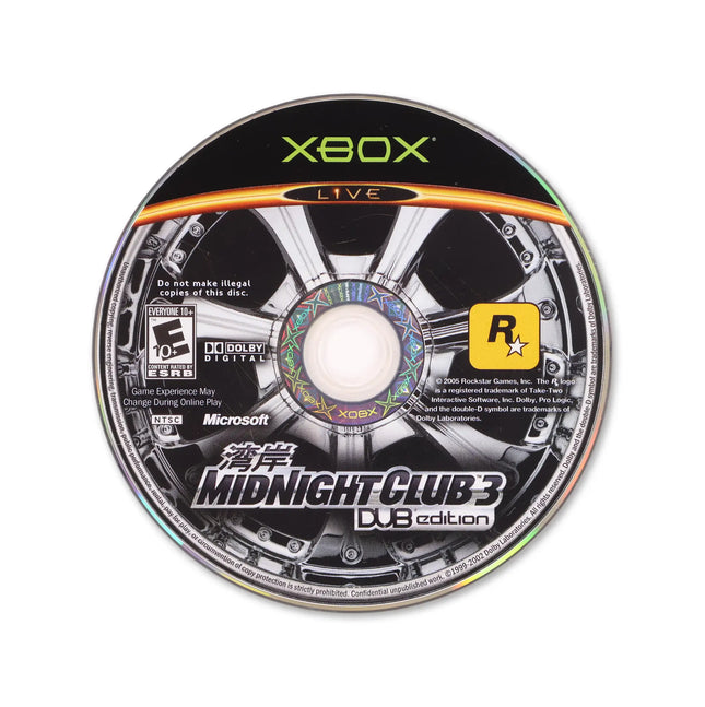 Midnight Club 3 Dub Edition for Microsoft Xbox - Disc front with label - Game only.