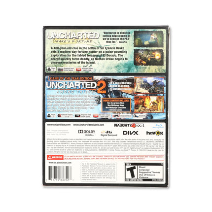 Uncharted & Uncharted 2 Dual Pack for PlayStation 3 - Box back - Product gallery.