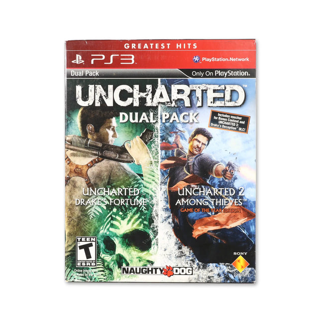 Uncharted & Uncharted 2 Dual Pack for PlayStation 3 - Box front - Complete in box or box and game.