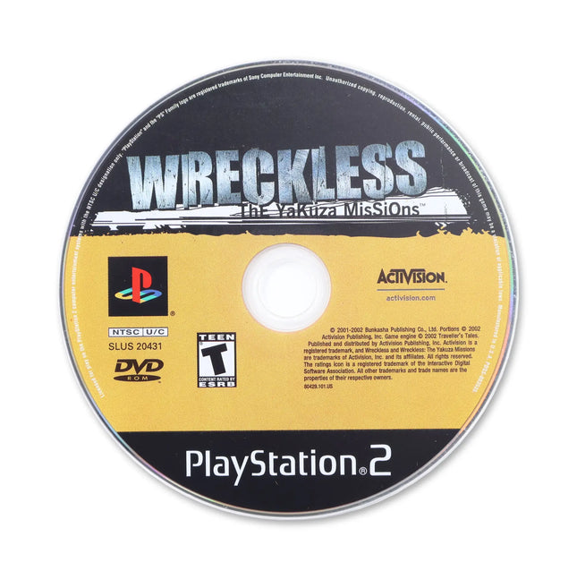 Wreckless Yakuza Missions for Sony PlayStation 2 - Disc front with label - Game only.